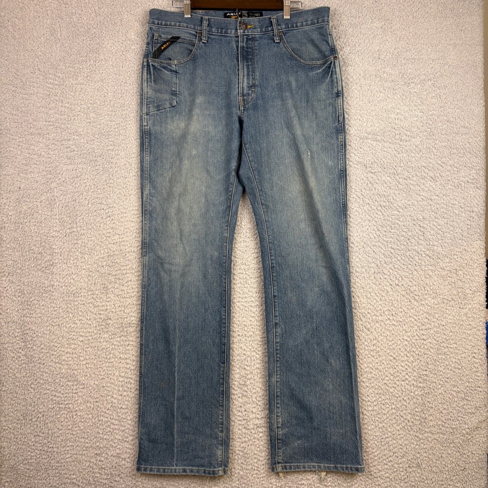 Ariat Jeans Mens 34x36 Blue M4 Relaxed Boot Cut Faded Distressed Cowboy Workwear
